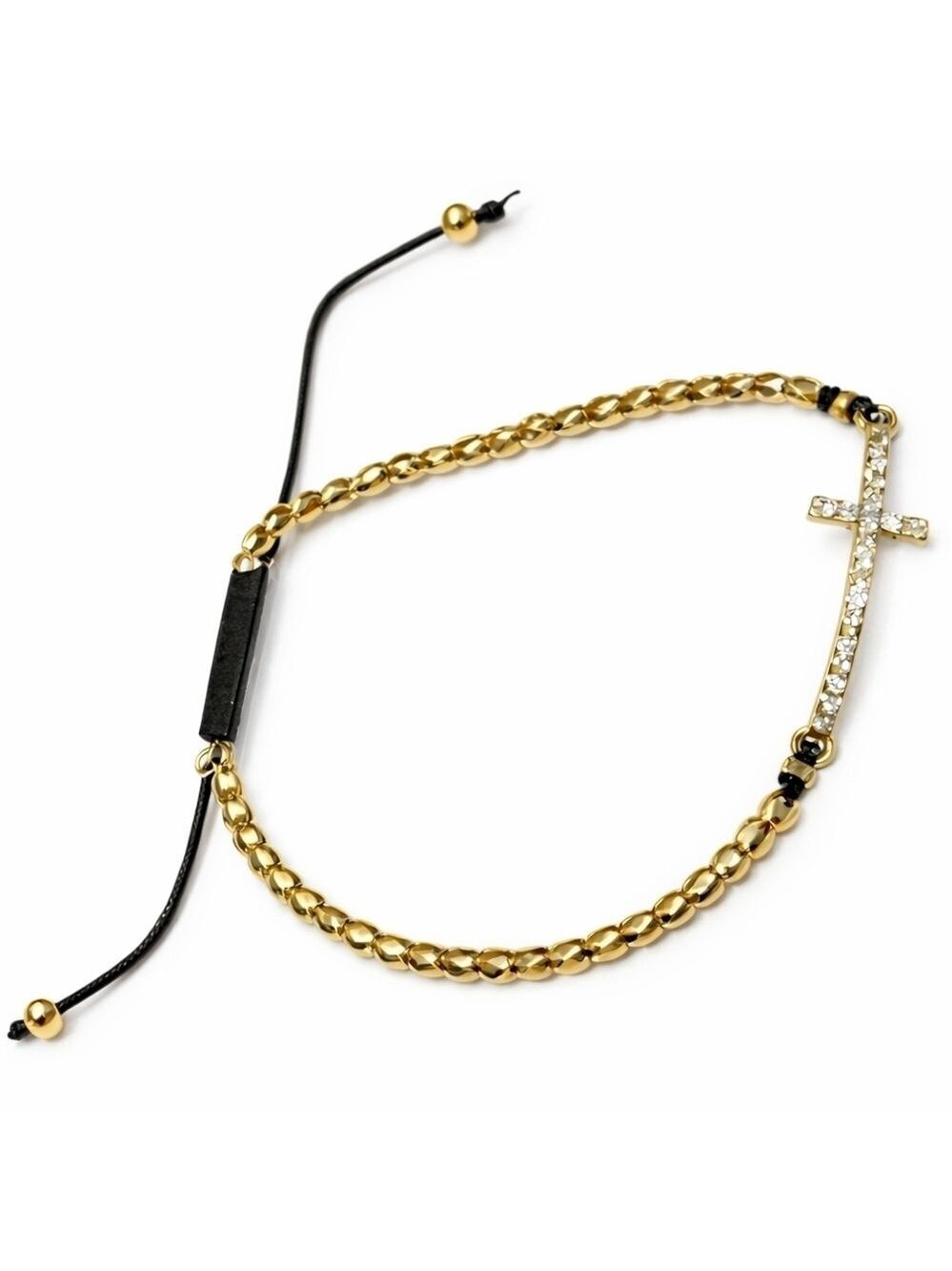 Gold Beaded Cross Bracelet Adjustable Pull Cord Religious Jewelry Crystal Cross